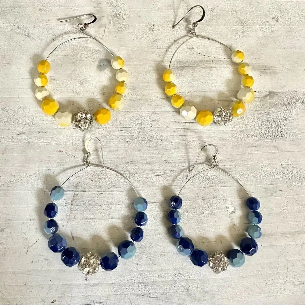 Beaded blue and yellow circle rhinestone earrings - bundle of 2